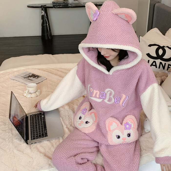 Ženske pidžame od koralnog baršuna s kapuljačom, debeli flis, crtani stil, okrugli izrez, dugi rukavi, hlače, zimsko toplo kućno odijevanje, može se nositi i vani