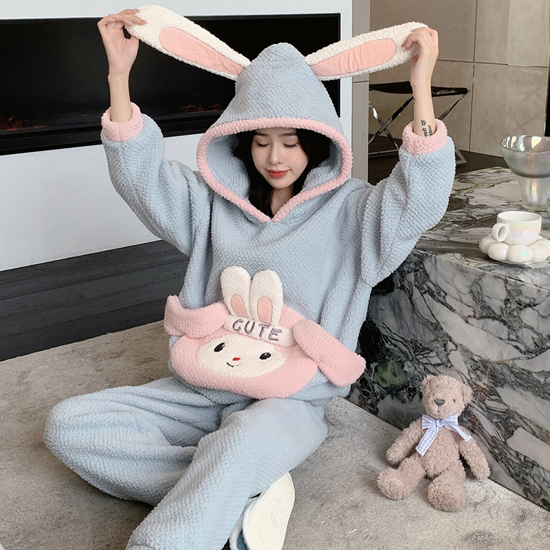 Ženske pidžame od koralnog baršuna s kapuljačom, debeli flis, crtani stil, okrugli izrez, dugi rukavi, hlače, zimsko toplo kućno odijevanje, može se nositi i vani