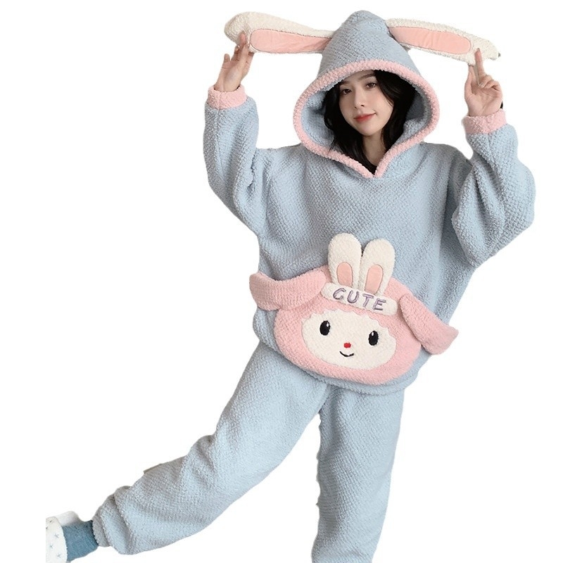 Ženske pidžame od koralnog baršuna s kapuljačom, debeli flis, crtani stil, okrugli izrez, dugi rukavi, hlače, zimsko toplo kućno odijevanje, može se nositi i vani