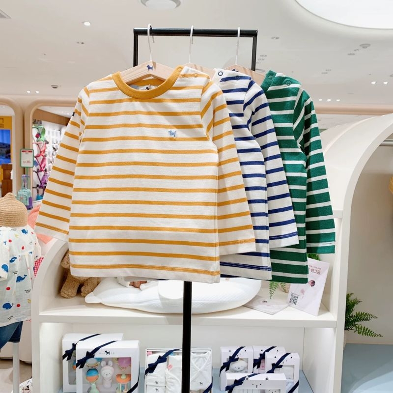 Tricou pentru copii în versiune coreeană, cu dungi în 3 culori, 100% bumbac, mânecă scurtă, pentru copii 3–8 ani