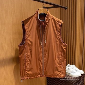 Ανδρικό γιλέκο slim-fit με στάντ κολάρο, φερμουάρ, λεπτό πολυεστερικό μείγμα, πλαϊνά τσέπες