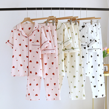 Set de pijamale din bumbac gază, trei piese: tricou cu mânecă scurtă, pantaloni scurți și pantaloni lungi, pentru primăvară-vară