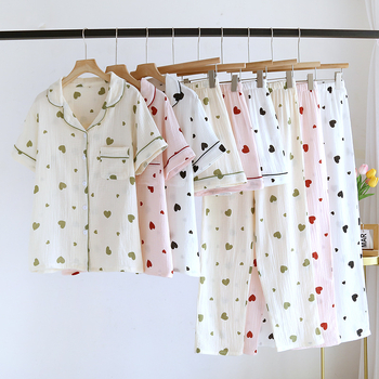 Set de pijamale din bumbac gază, trei piese: tricou cu mânecă scurtă, pantaloni scurți și pantaloni lungi, pentru primăvară-vară