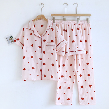 Set de pijamale din bumbac gază, trei piese: tricou cu mânecă scurtă, pantaloni scurți și pantaloni lungi, pentru primăvară-vară