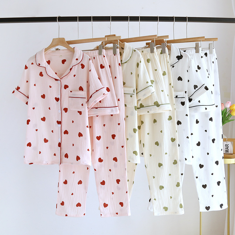 Set de pijamale din bumbac gază, trei piese: tricou cu mânecă scurtă, pantaloni scurți și pantaloni lungi, pentru primăvară-vară