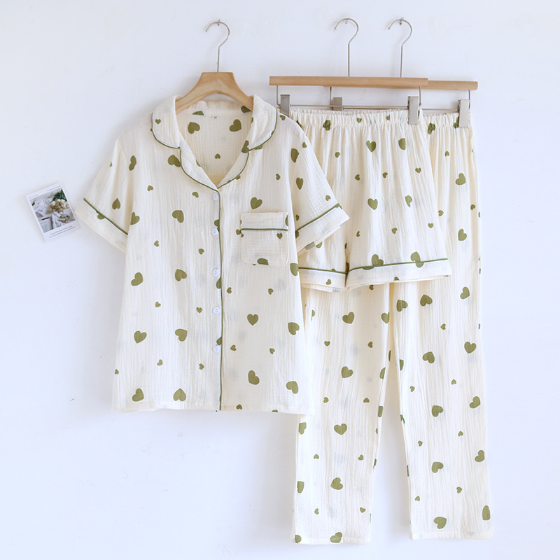 Set de pijamale din bumbac gază, trei piese: tricou cu mânecă scurtă, pantaloni scurți și pantaloni lungi, pentru primăvară-vară