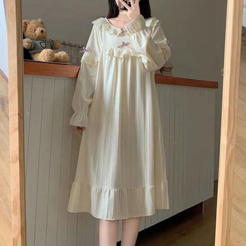 Ženska noćna haljina od Milk Silk, korejski stil s palace retro šarmom, dugi rukavi, srednja duljina, ležeran kroj, udobna kućna spavaćica