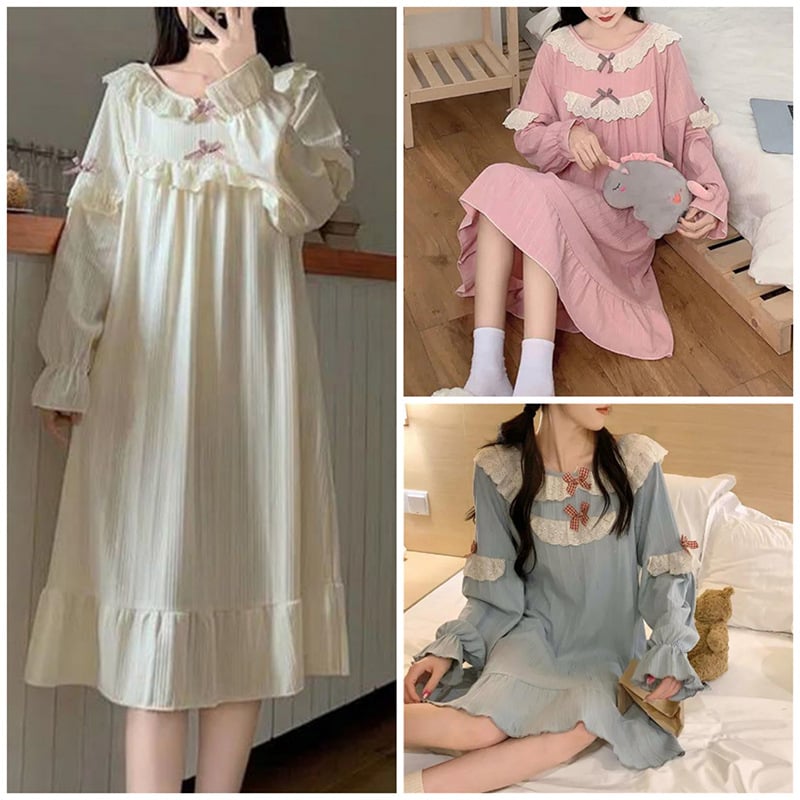 Ženska noćna haljina od Milk Silk, korejski stil s palace retro šarmom, dugi rukavi, srednja duljina, ležeran kroj, udobna kućna spavaćica