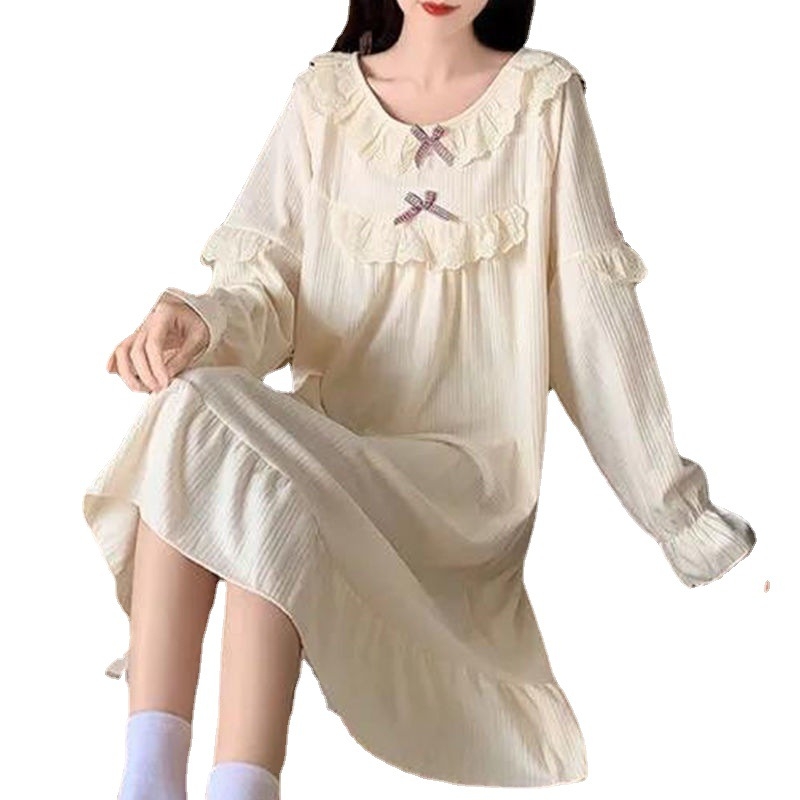 Ženska noćna haljina od Milk Silk, korejski stil s palace retro šarmom, dugi rukavi, srednja duljina, ležeran kroj, udobna kućna spavaćica