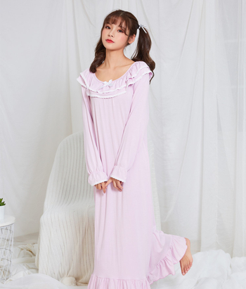 Ženska noćna haljina s dugim rukavima od modal-pamuka, stil princeze, pleteni noćni komad