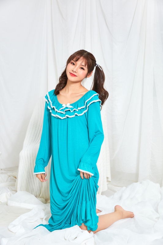 Ženska noćna haljina s dugim rukavima od modal-pamuka, stil princeze, pleteni noćni komad