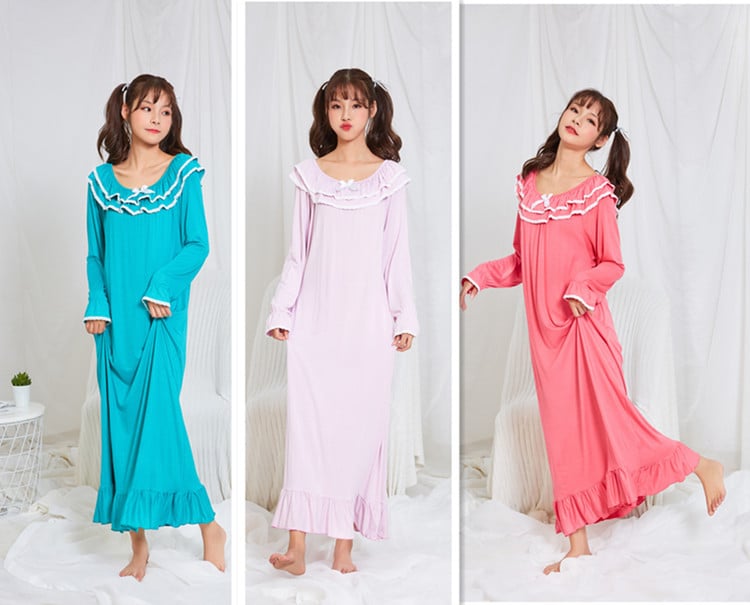 Ženska noćna haljina s dugim rukavima od modal-pamuka, stil princeze, pleteni noćni komad