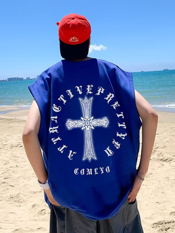 Хип-хоп безрукав елек с кръстосан принт и карикатурен дизайн, свободен крой, 90% полиестер смес, лято