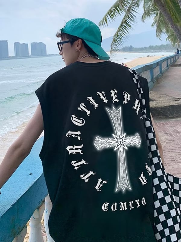 Хип-хоп безрукав елек с кръстосан принт и карикатурен дизайн, свободен крой, 90% полиестер смес, лято