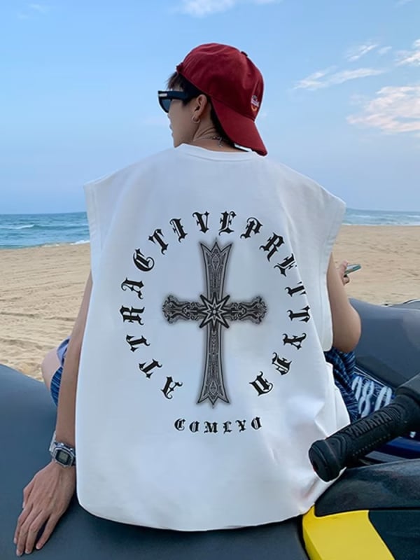 Хип-хоп безрукав елек с кръстосан принт и карикатурен дизайн, свободен крой, 90% полиестер смес, лято