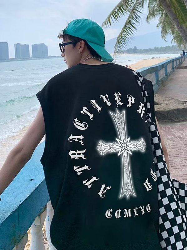 Хип-хоп безрукав елек с кръстосан принт и карикатурен дизайн, свободен крой, 90% полиестер смес, лято