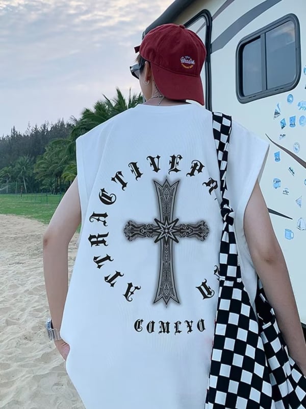 Хип-хоп безрукав елек с кръстосан принт и карикатурен дизайн, свободен крой, 90% полиестер смес, лято