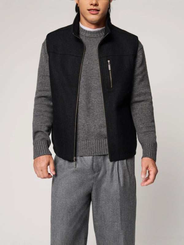 Мъжки безръкав есенен жилет с цип и джобове, полиестерна смесена тъкан, топъл и супер дебел