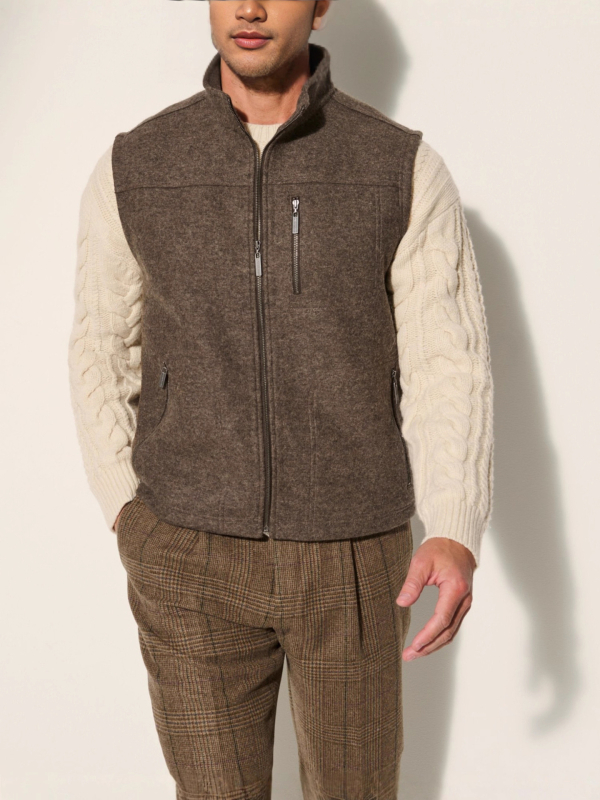 Мъжки безръкав есенен жилет с цип и джобове, полиестерна смесена тъкан, топъл и супер дебел