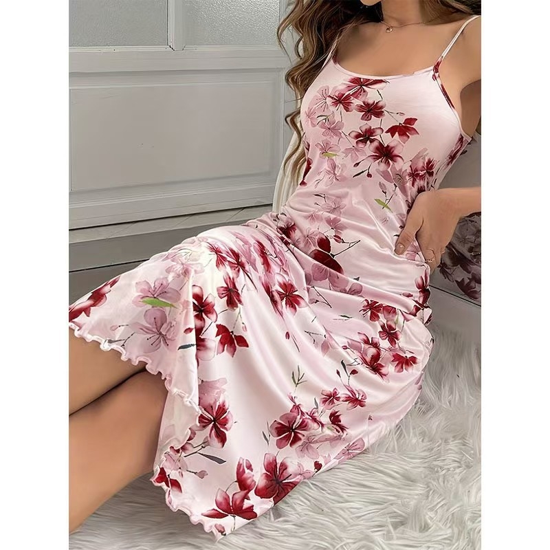 Ženska noćna haljina bez rukava s cvjetnim uzorkom, V-izrez, rub s volanima, Milk Silk materijal