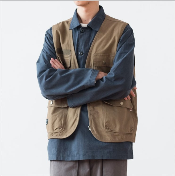 Βαμβακερό γιλέκο εργασίας, χαλαρή γραμμή, V-λαιμό, φερμουάρ, πολλαπλές τσέπες