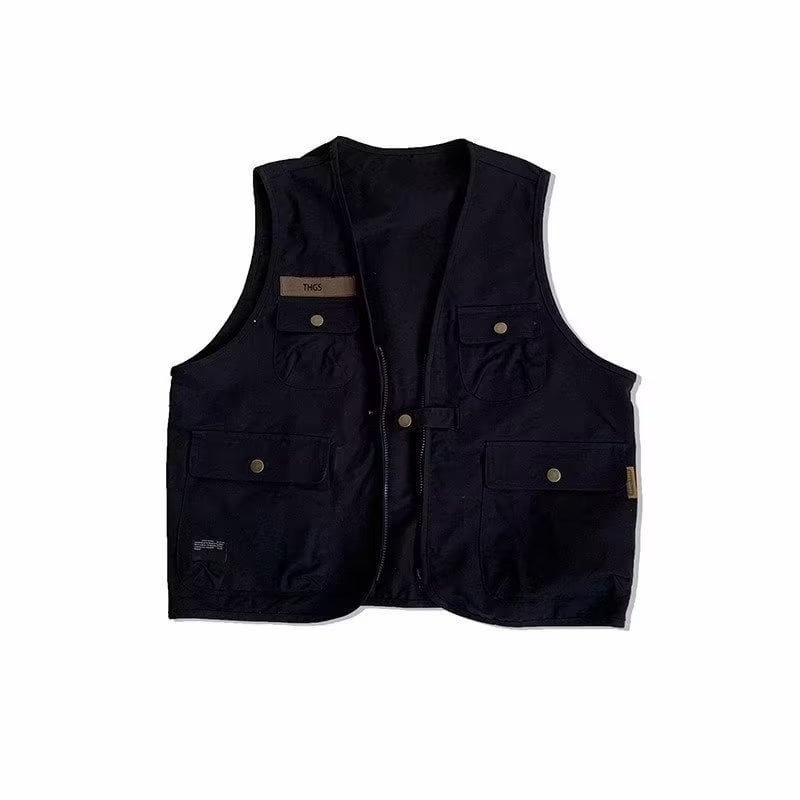 Βαμβακερό γιλέκο εργασίας, χαλαρή γραμμή, V-λαιμό, φερμουάρ, πολλαπλές τσέπες