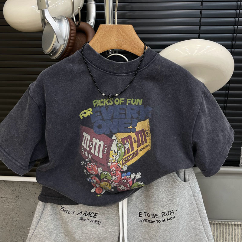 Dječje T-shirt, korejskog stila, karikatura uzorak, 100% pamuk, kratki rukav, okrugli izrez, odvodi vlagu, UV zaštita