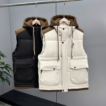 Ανδρικό βαμβακερό γιλέκο για τον χειμώνα, Slim Fit, Αποσπώμενη Κουκούλα, Φερμουάρ, Πολυεστερικό Ύφασμα, Τσέπες με εφαρμογές