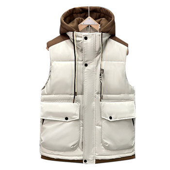 Ανδρικό βαμβακερό γιλέκο για τον χειμώνα, Slim Fit, Αποσπώμενη Κουκούλα, Φερμουάρ, Πολυεστερικό Ύφασμα, Τσέπες με εφαρμογές