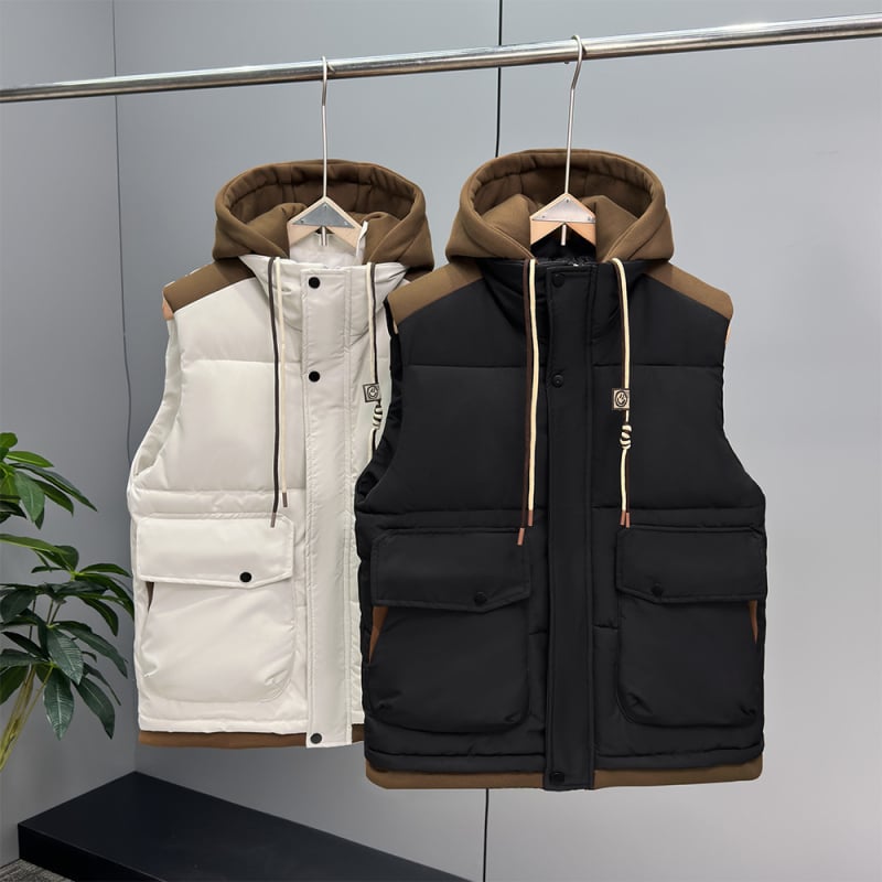 Ανδρικό βαμβακερό γιλέκο για τον χειμώνα, Slim Fit, Αποσπώμενη Κουκούλα, Φερμουάρ, Πολυεστερικό Ύφασμα, Τσέπες με εφαρμογές