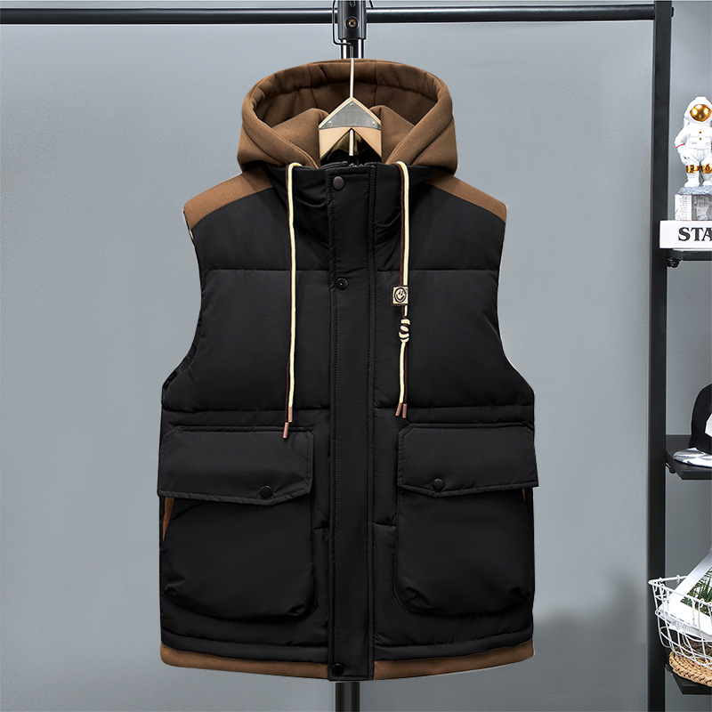 Ανδρικό βαμβακερό γιλέκο για τον χειμώνα, Slim Fit, Αποσπώμενη Κουκούλα, Φερμουάρ, Πολυεστερικό Ύφασμα, Τσέπες με εφαρμογές