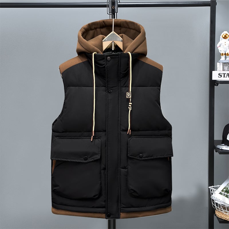 Ανδρικό βαμβακερό γιλέκο για τον χειμώνα, Slim Fit, Αποσπώμενη Κουκούλα, Φερμουάρ, Πολυεστερικό Ύφασμα, Τσέπες με εφαρμογές