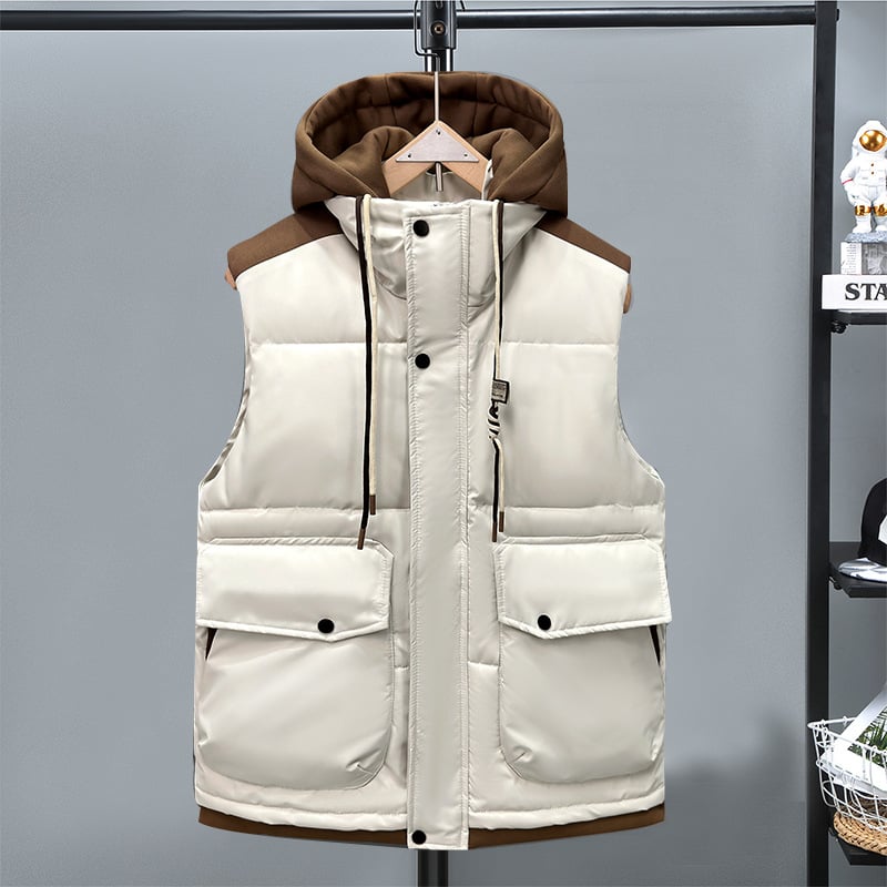 Ανδρικό βαμβακερό γιλέκο για τον χειμώνα, Slim Fit, Αποσπώμενη Κουκούλα, Φερμουάρ, Πολυεστερικό Ύφασμα, Τσέπες με εφαρμογές