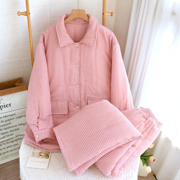 Unisex zimski pamučni pidžama set s podstavljanim materijalom, ekstra debeli materijal, karirani uzorak, dugi rukavi