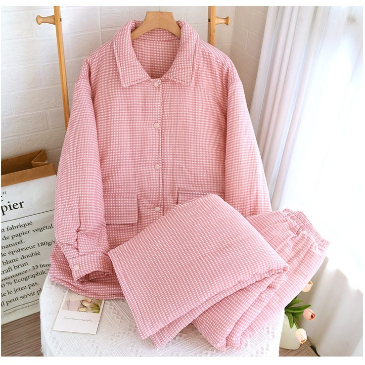 Unisex zimski pamučni pidžama set s podstavljanim materijalom, ekstra debeli materijal, karirani uzorak, dugi rukavi