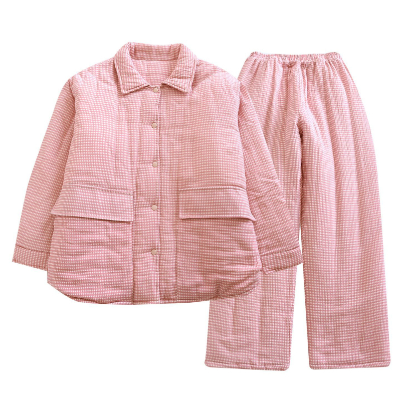 Unisex zimski pamučni pidžama set s podstavljanim materijalom, ekstra debeli materijal, karirani uzorak, dugi rukavi