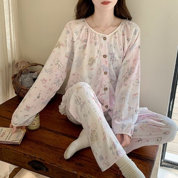 Ženski set pidžama s kardiganom od Cloud Cotton, dugi rukavi, okrugli izrez, živahan i sladak stil, kućna odjeća
