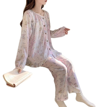 Ženski set pidžama s kardiganom od Cloud Cotton, dugi rukavi, okrugli izrez, živahan i sladak stil, kućna odjeća