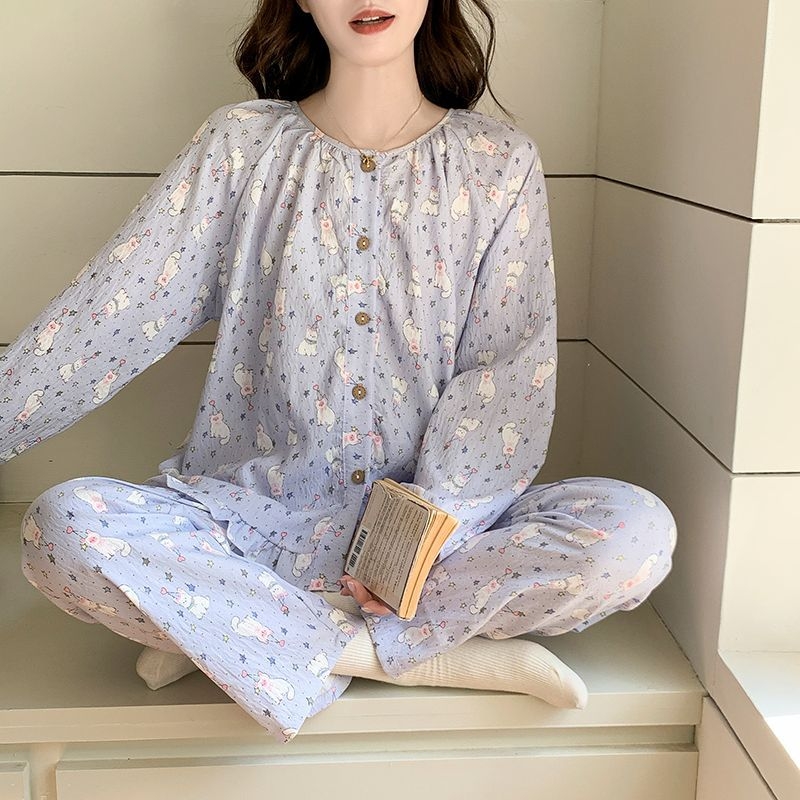 Ženski set pidžama s kardiganom od Cloud Cotton, dugi rukavi, okrugli izrez, živahan i sladak stil, kućna odjeća