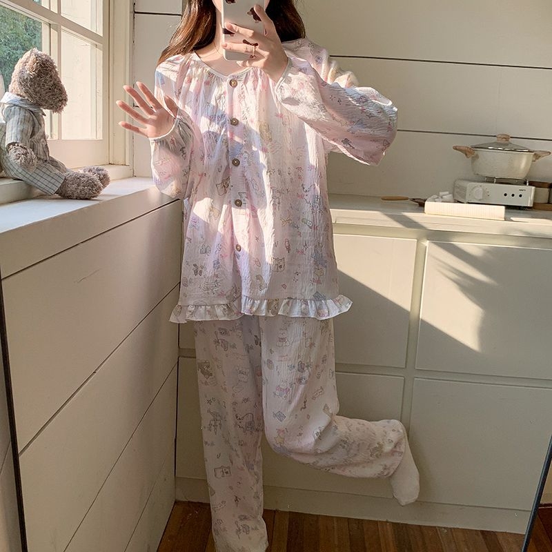 Ženski set pidžama s kardiganom od Cloud Cotton, dugi rukavi, okrugli izrez, živahan i sladak stil, kućna odjeća