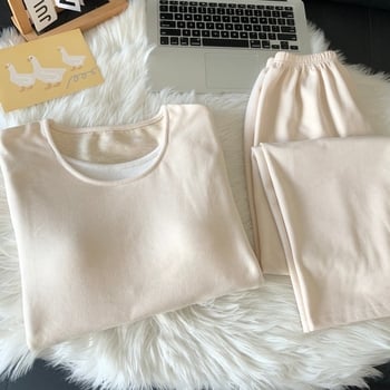 Ženski topli kašmir pidžama set s umetcima za poprsje, dugi rukavi, okrugli izrez, debeli materijal 201-250 g/m², može se nositi i vani, zimska udobnost.
