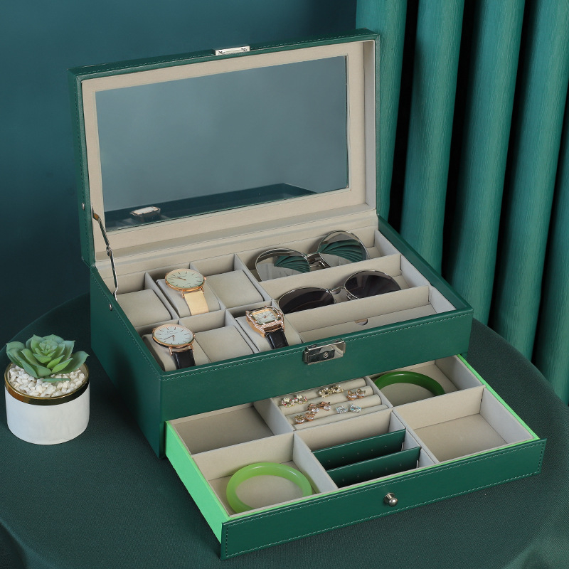 Dvostruko slojevita drvena kutija za nakit s prozirnim prozorom za satove i narukvice