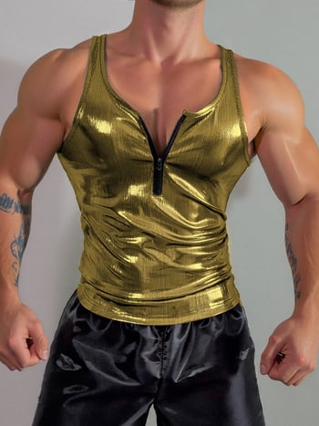 Спортен елек без ръкави с цип, тясна кройка, лъскав лаково кожен ефект; плат винилон-полиестер.