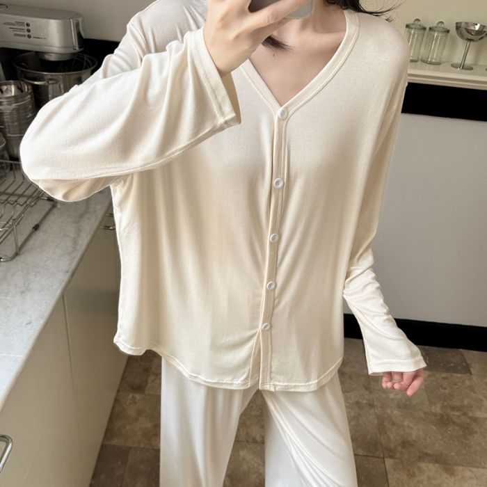 Női modal pizsama szett kardigánnal, hosszú ujjú felsővel és hosszú nadrággal, 100% modal, vékony anyag, V-nyak, 161–180 g/m²
