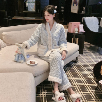 Női téli pizsama készlet Shu pamut-velúr anyagból, vastagított, gallér nélküli, hosszú ujjú