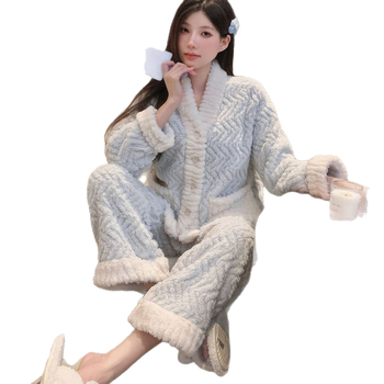 Női téli pizsama készlet Shu pamut-velúr anyagból, vastagított, gallér nélküli, hosszú ujjú