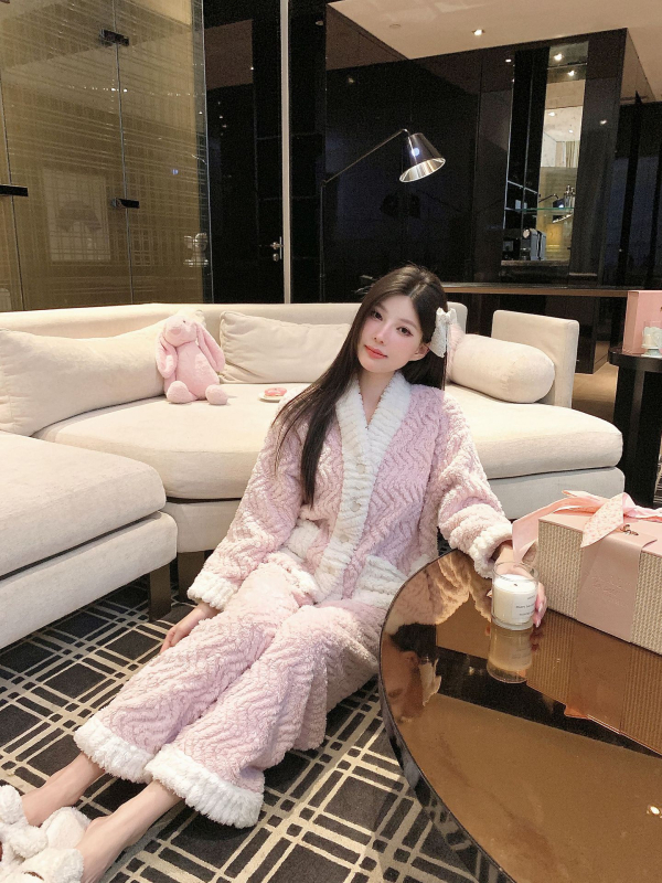 Női téli pizsama készlet Shu pamut-velúr anyagból, vastagított, gallér nélküli, hosszú ujjú