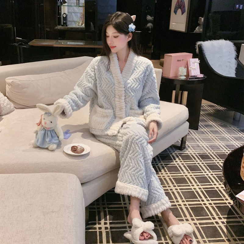 Női téli pizsama készlet Shu pamut-velúr anyagból, vastagított, gallér nélküli, hosszú ujjú