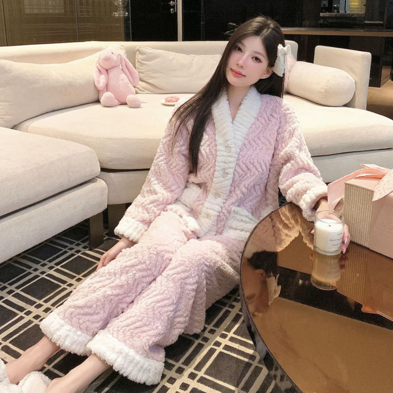 Női téli pizsama készlet Shu pamut-velúr anyagból, vastagított, gallér nélküli, hosszú ujjú