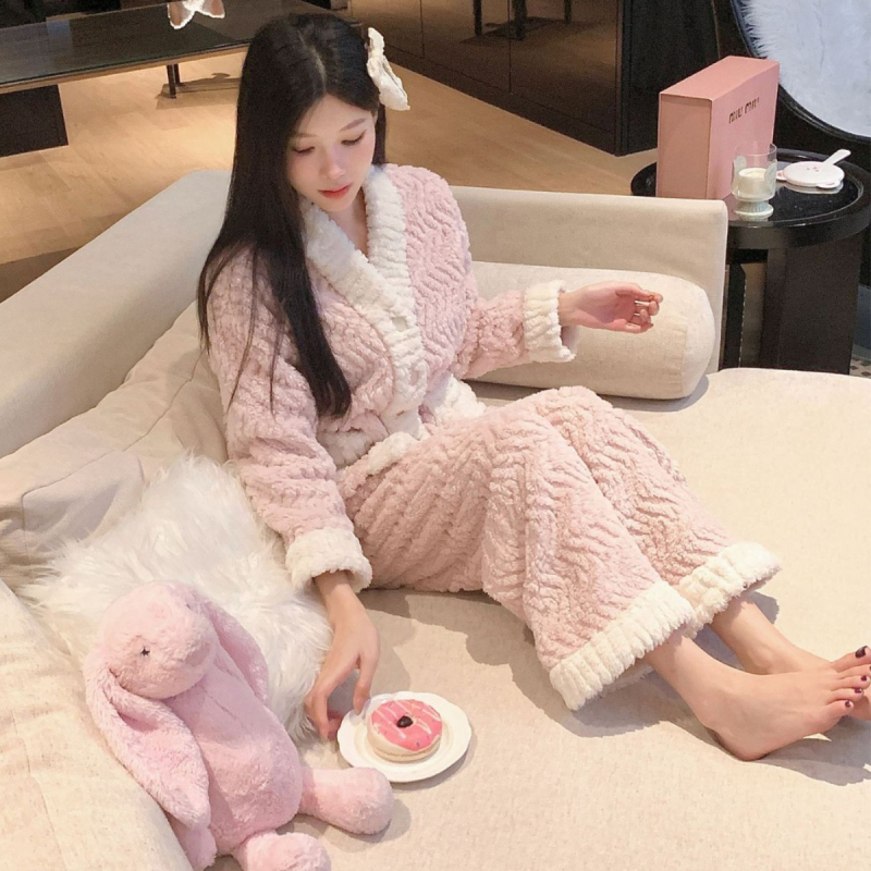 Női téli pizsama készlet Shu pamut-velúr anyagból, vastagított, gallér nélküli, hosszú ujjú